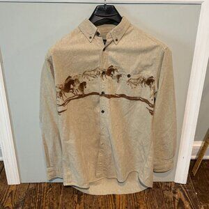 VINTAGE Woolrich Men XL Brushed Flannel Western Shirt Horses Button Down Turkey